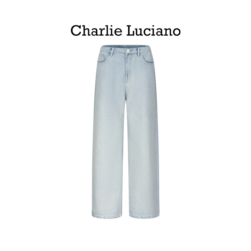 Charlie Luciano水洗做旧直筒牛仔裤夏季新款潮牌宽松休闲长裤女
