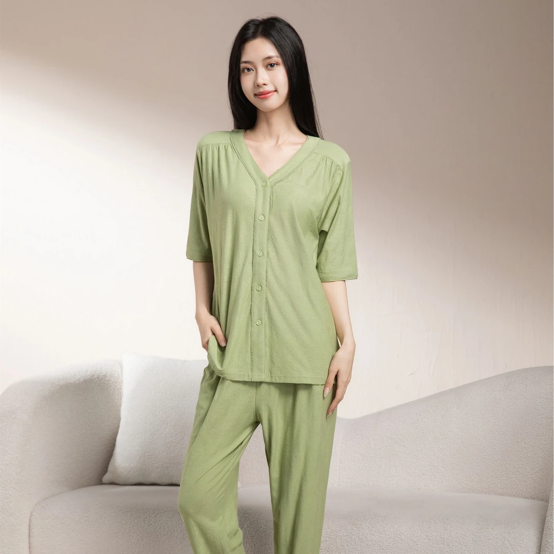 姬玛薄款夏款女士半袖九分裤睡衣提花家居服套装251627