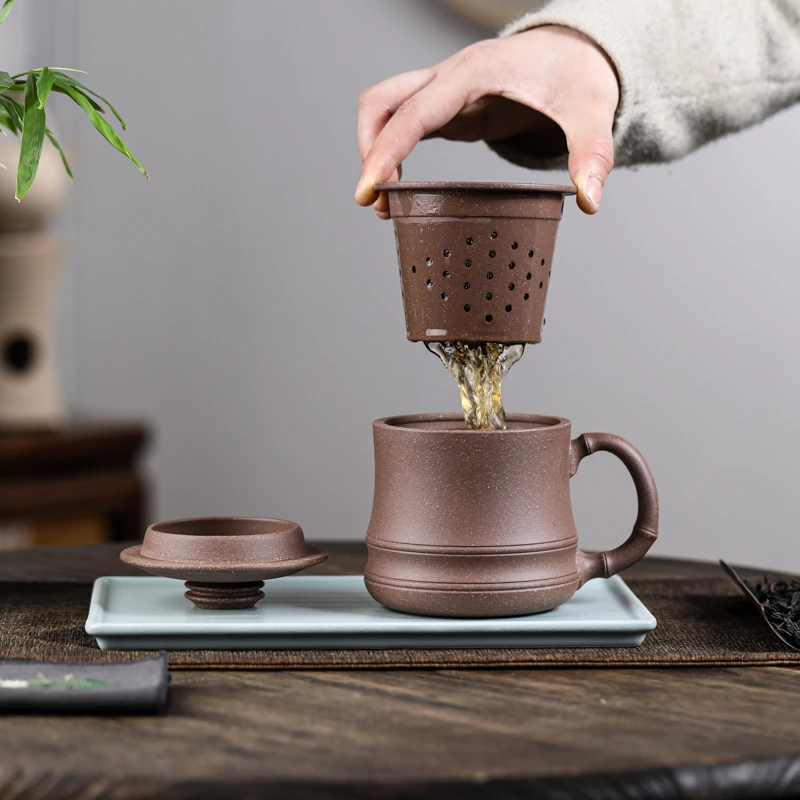叶凡五彩段紫砂杯水杯竹节杯内胆杯手工家用大容量办公过滤茶杯
