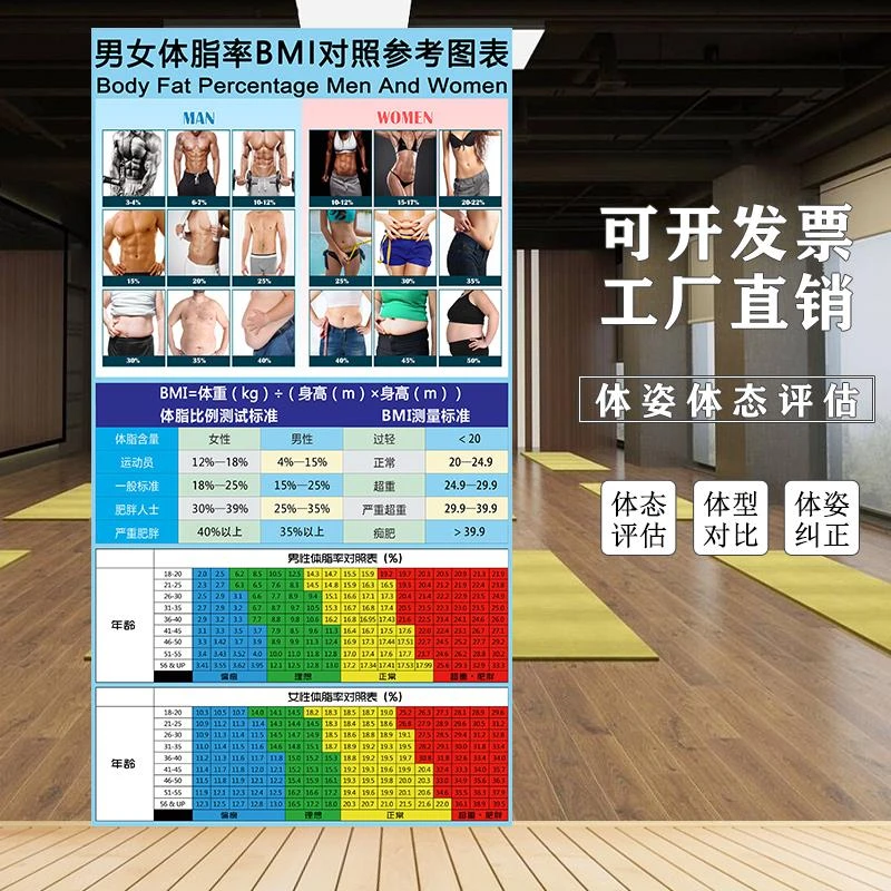 健身房男女体脂率BMI对照表人体姿势对比图体脂表体态评估表壁画