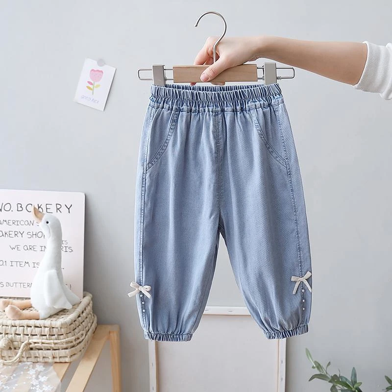 女童蝴蝶结防蚊裤夏季童装婴儿长裤女宝宝天丝牛仔裤儿童灯笼裤子