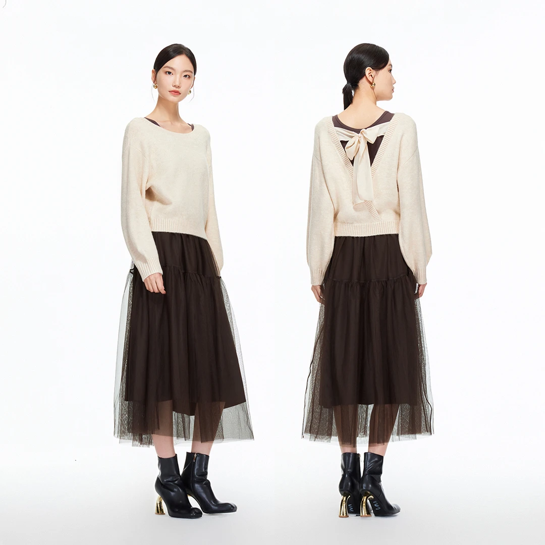 Vero Moda连衣裙25冬季新款真两件圆领后背绑带针织纱裙32547D014