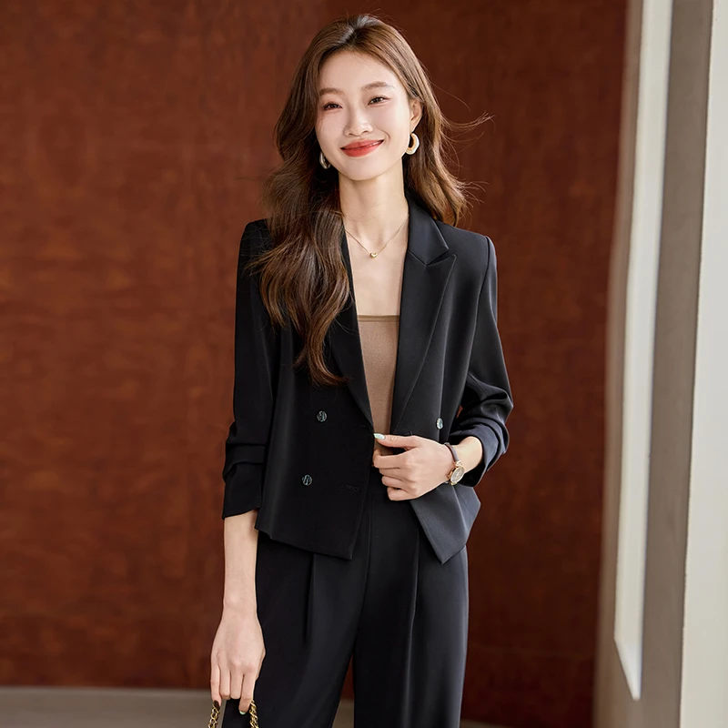 黑色西装套装女春秋2025新款高级感职业装小个子短款休闲西服外套