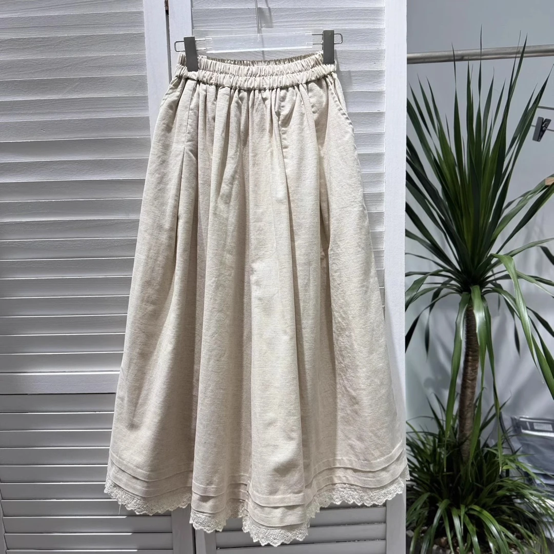 2025森女系棉麻亚麻洗水花边阔腿裤宽松百搭显瘦松紧腰休闲裤女式