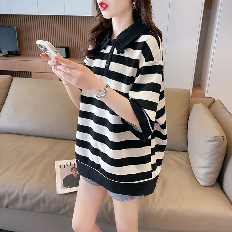 夏装孕妇遮肚POLO领条纹衫上衣服女ins网红时尚宽松百搭短袖t恤女