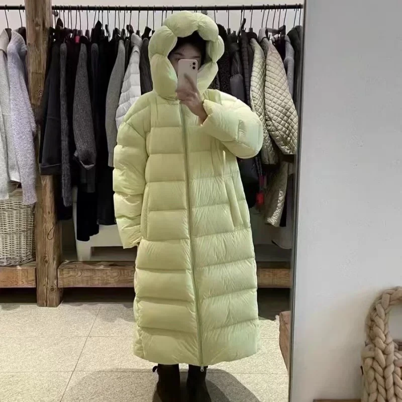 羽绒服女长款2024新款冬hello家同款连帽宽松过膝加厚白鸭绒外套