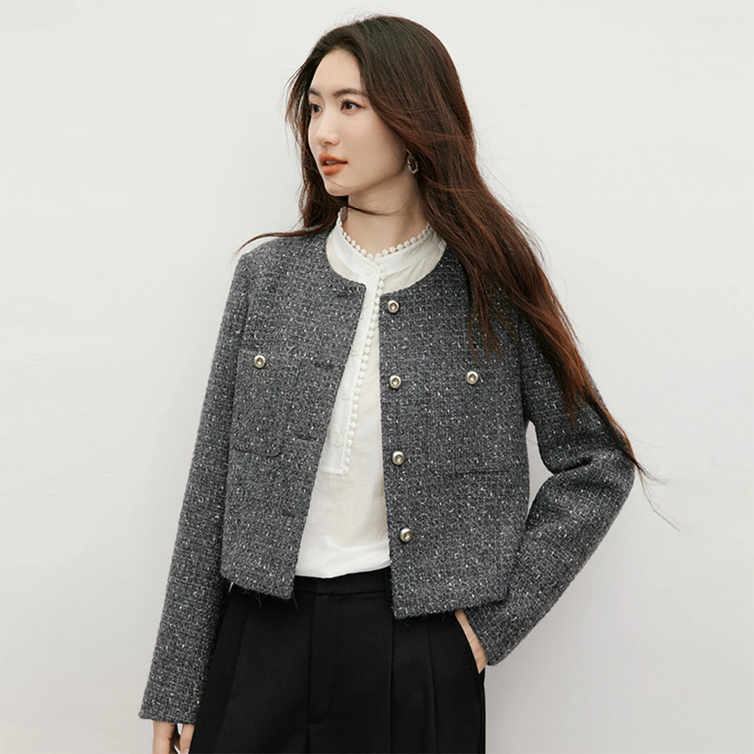 【陈大可专属】红袖香风亮丝粗花呢圆领短款外套90125340404