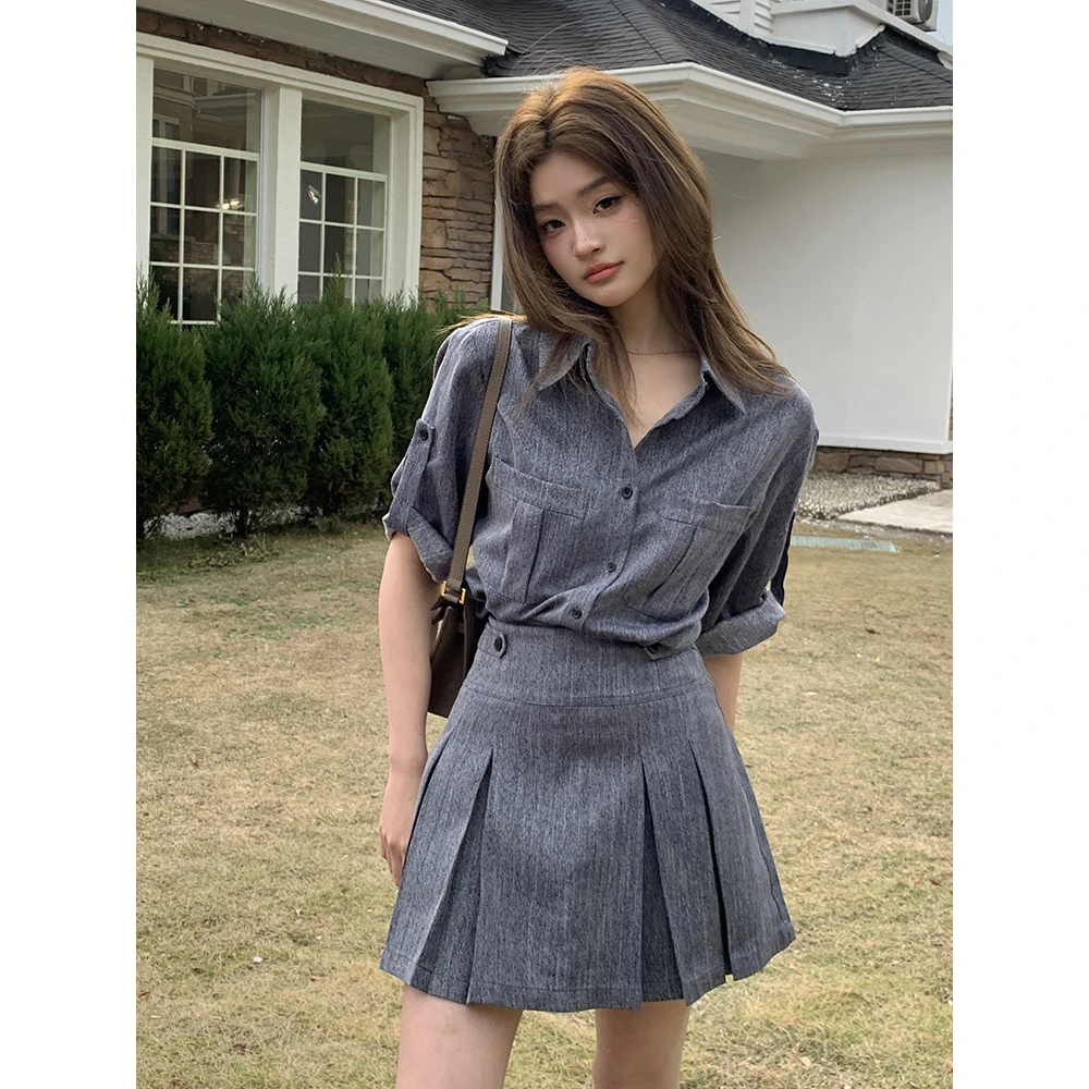 超火2025春夏新款通勤仿牛仔衬衫上衣女小众百褶短裙半裙两件套装
