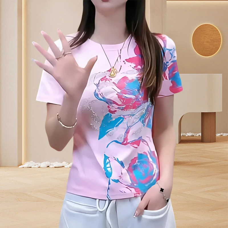 洋气时髦印花t恤女款短袖夏季小众女装设计感减龄显瘦修身上衣潮