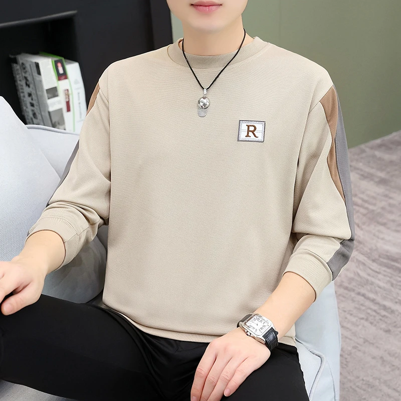 高档休闲长袖潮流上衣秋季流光风男士拼接卫衣时尚圆领打底衫上衣