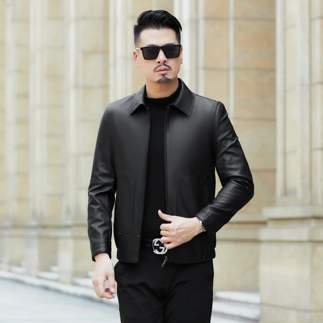 海宁皮衣男士商务休闲时尚帅气百搭翻领真皮夹克款男装皮衣外套