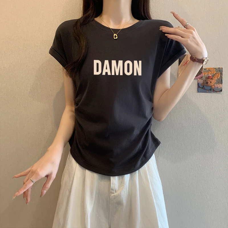 小飞袖褶皱正肩短袖t恤女2025新款时尚洋气收腰显瘦无袖上衣夏季