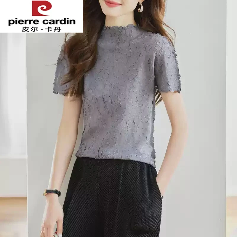 皮尔卡丹半高领短袖t恤女新款夏季高级感气质修身体恤设计感别致