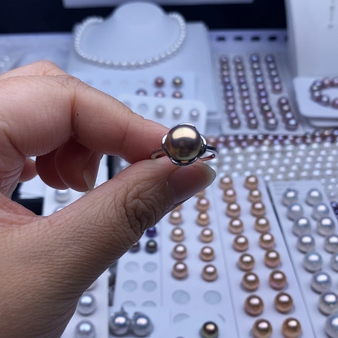 耳饰淡水珍珠银S925镶嵌9.6mm金绿炫彩戒指