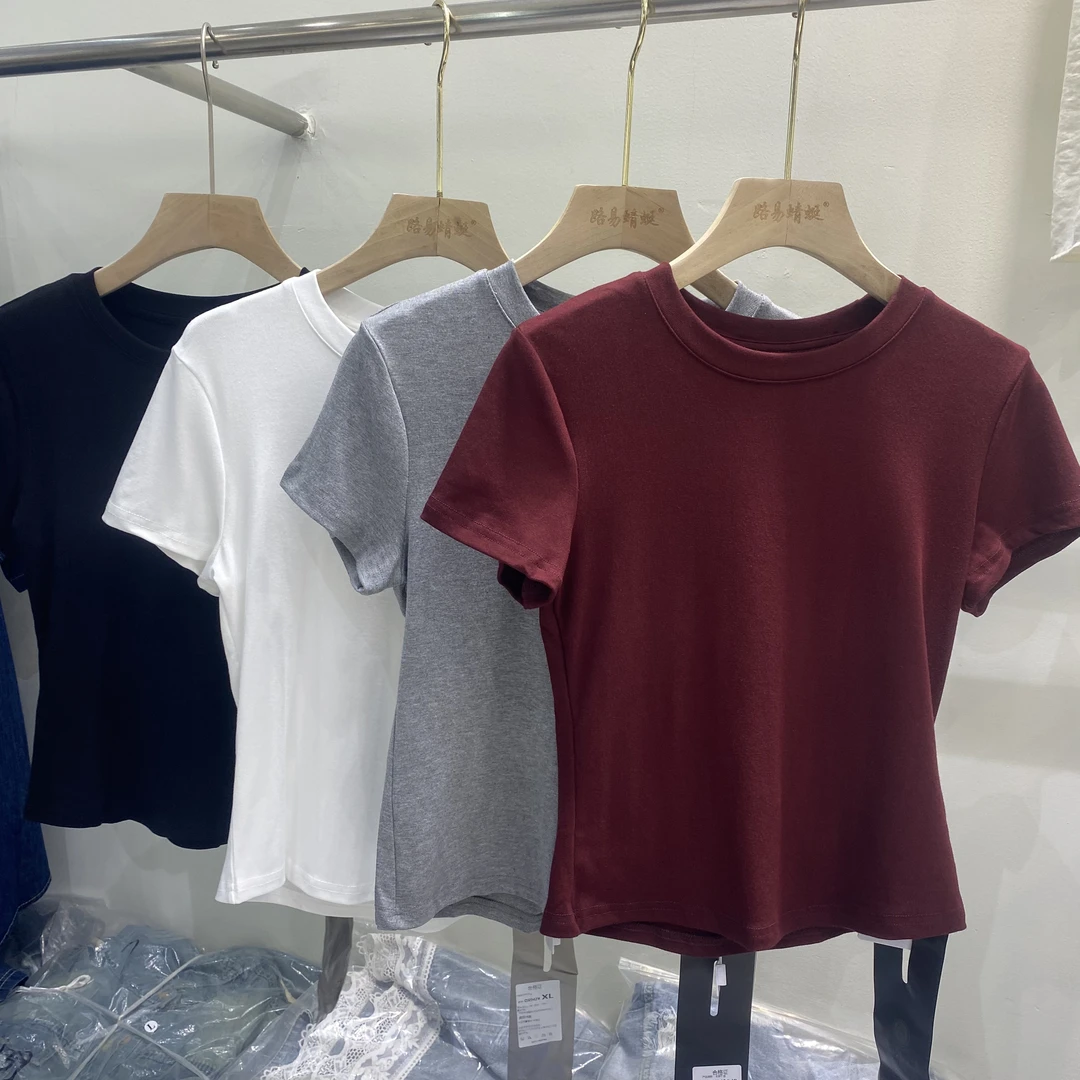 欧洲站2024秋季新款韩版圆领垫肩修显瘦短袖T恤女百搭基础款上衣