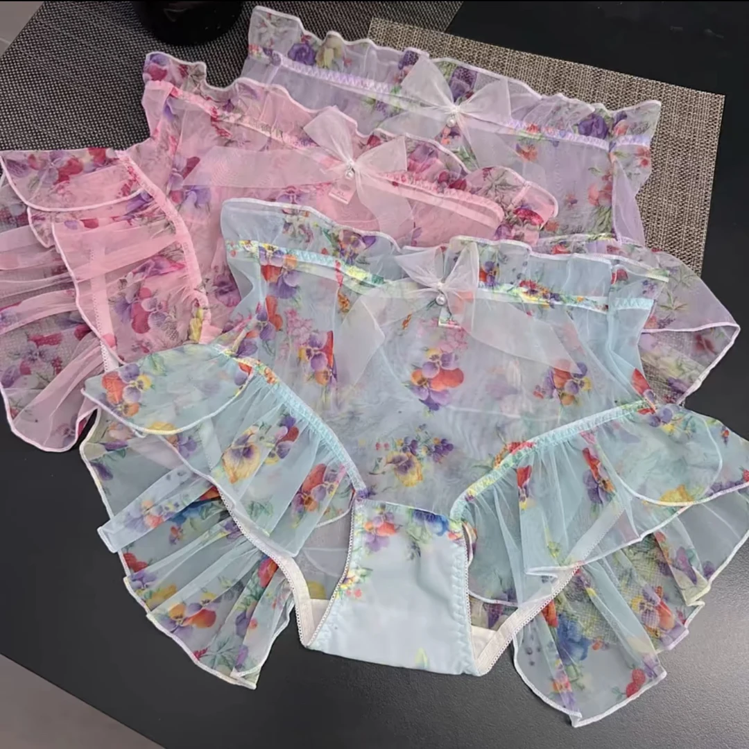 大码女士夏季蕾丝网纱荷叶边碎花中高腰透气三角内裤 仙仙的