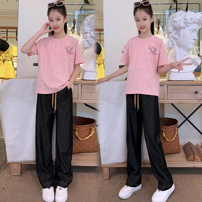 女童短袖套装2025夏季新款女大童扎染印花t恤韩版学生牛仔裤套装