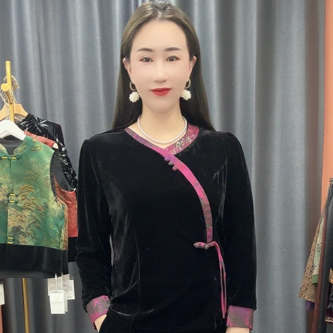 8890中国风新中式春秋季V领长袖金丝绒显瘦妈妈装上衣