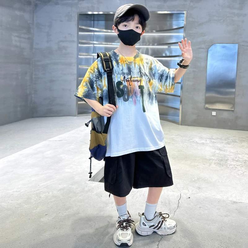 童装男童套装2025新款帅气时髦短袖短裤两件套扎染中大童男孩休闲