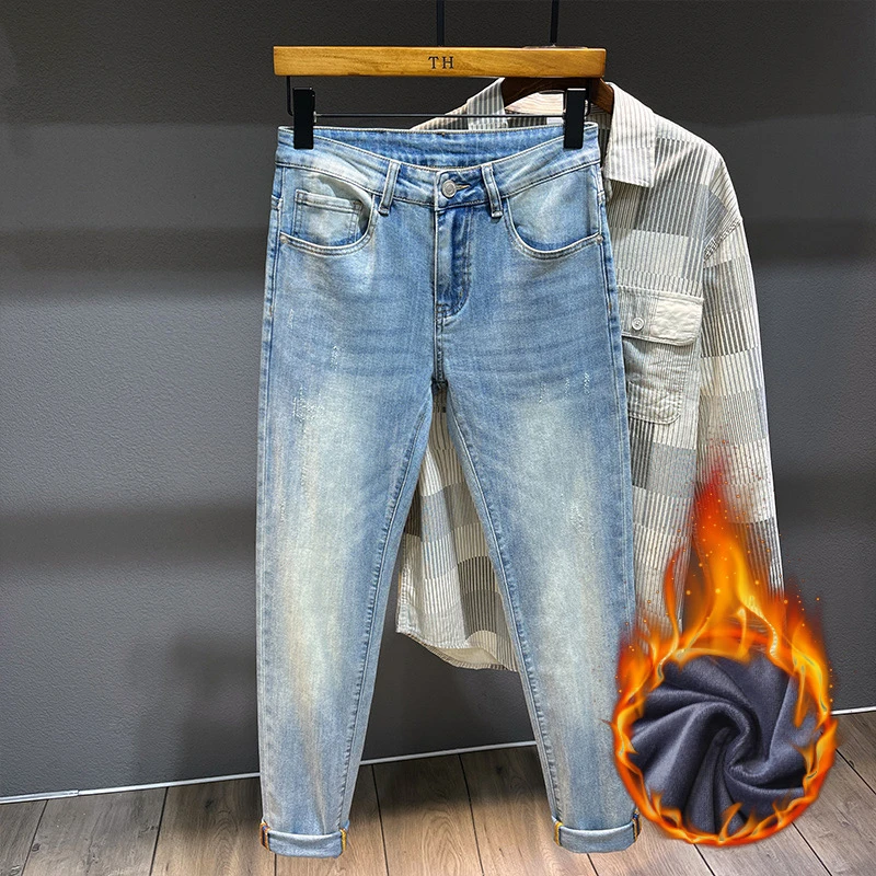 冬季新款中腰修身小直筒加绒加厚牛仔裤一体绒不臃肿男士长裤