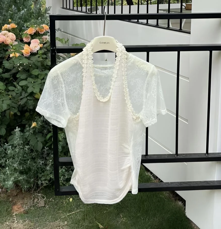 赵小小【蕾丝美学】叠穿纯欲短袖小衫+挂脖背心白色小香风针织26293