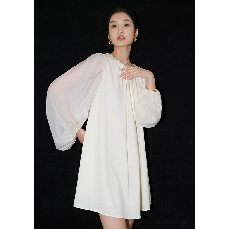 MandyZhang灯笼袖气质法式天丝连衣裙女2025年春季新品A字娃娃裙