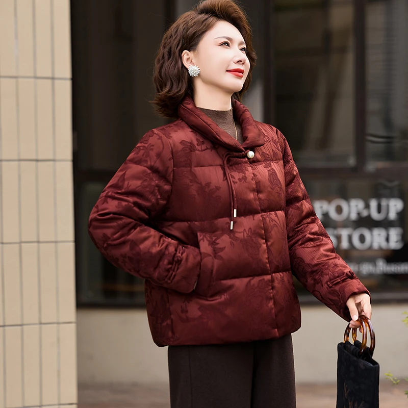 时尚妈妈立领国风羽绒服90白鸭绒洋气贵气2025冬季中老年女装外套