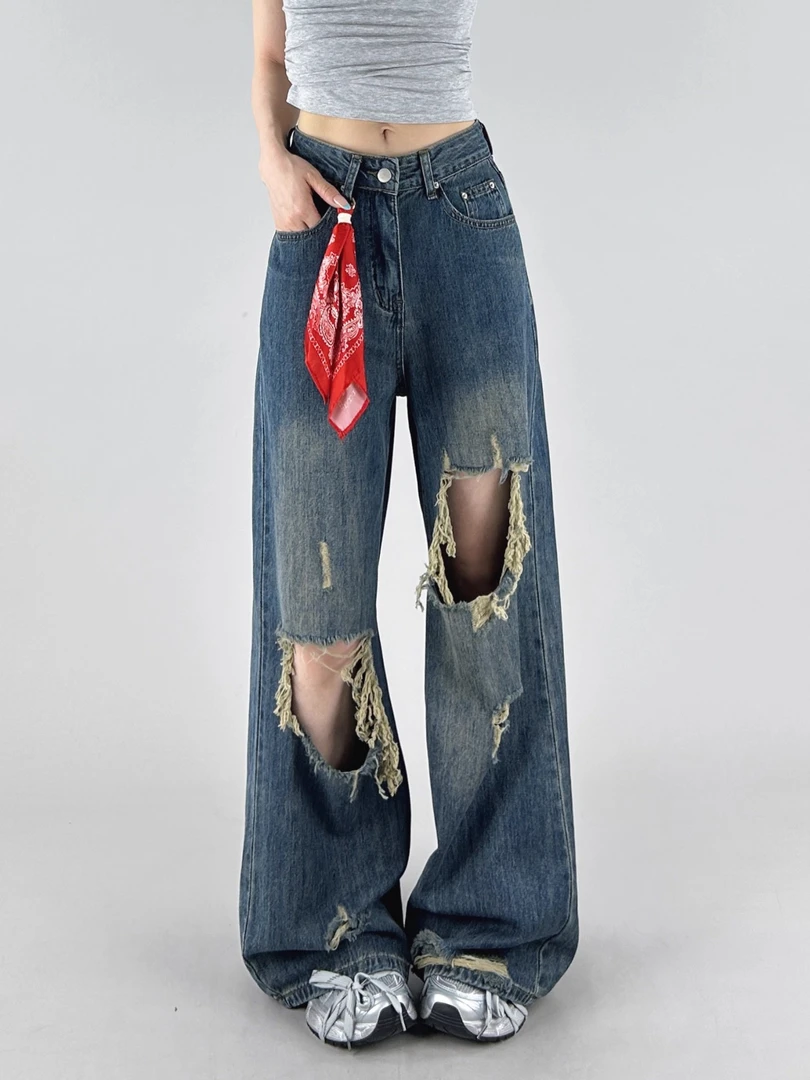 2025年夏季新款破洞牛仔裤女宽松显瘦高腰直筒洋气阔腿辣妹女款裤