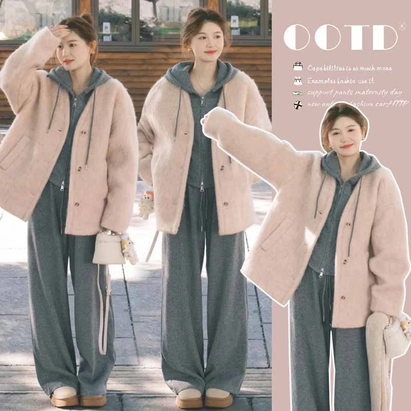 秋冬季新款孕妇装加厚针织连帽卫衣套装+小香风粉色短款毛呢外套