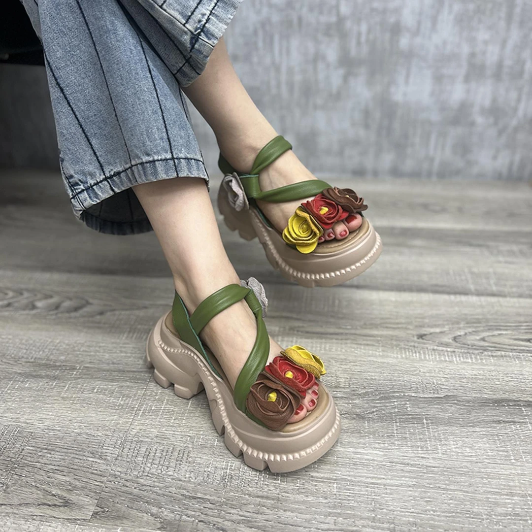 CBMT2025年夏季新款正品粗跟7cm花朵一字带超轻厚底休闲凉鞋女