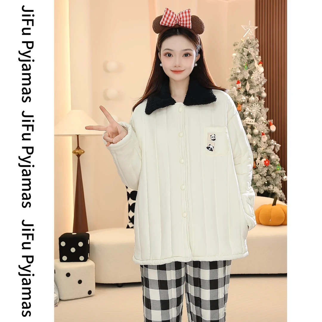 【熊猫噗噗】冬季三层夹棉超厚加绒加厚高端保暖家居服睡衣女