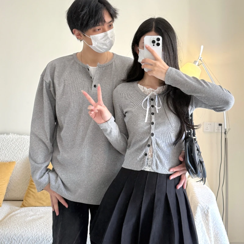 2025新款秋季情侣装设计感法式纯欲风蕾丝薄款长袖针织衫小众潮流