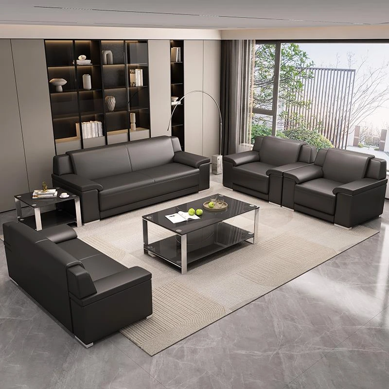 办公室沙发商务洽谈会客区接待室办公真皮现代简约三人位茶几组合