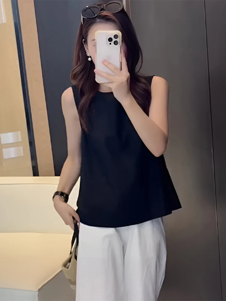 轻奢黑色镂空无袖背心衬衫女夏季2025新款宽松显瘦洋气高级感上衣