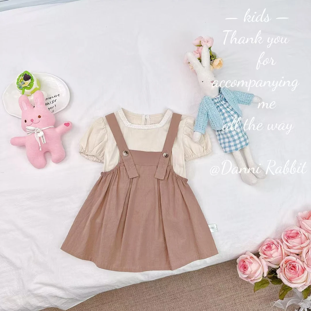 夏款女童韩版泡泡袖上衣背带短裙套装 D-L631