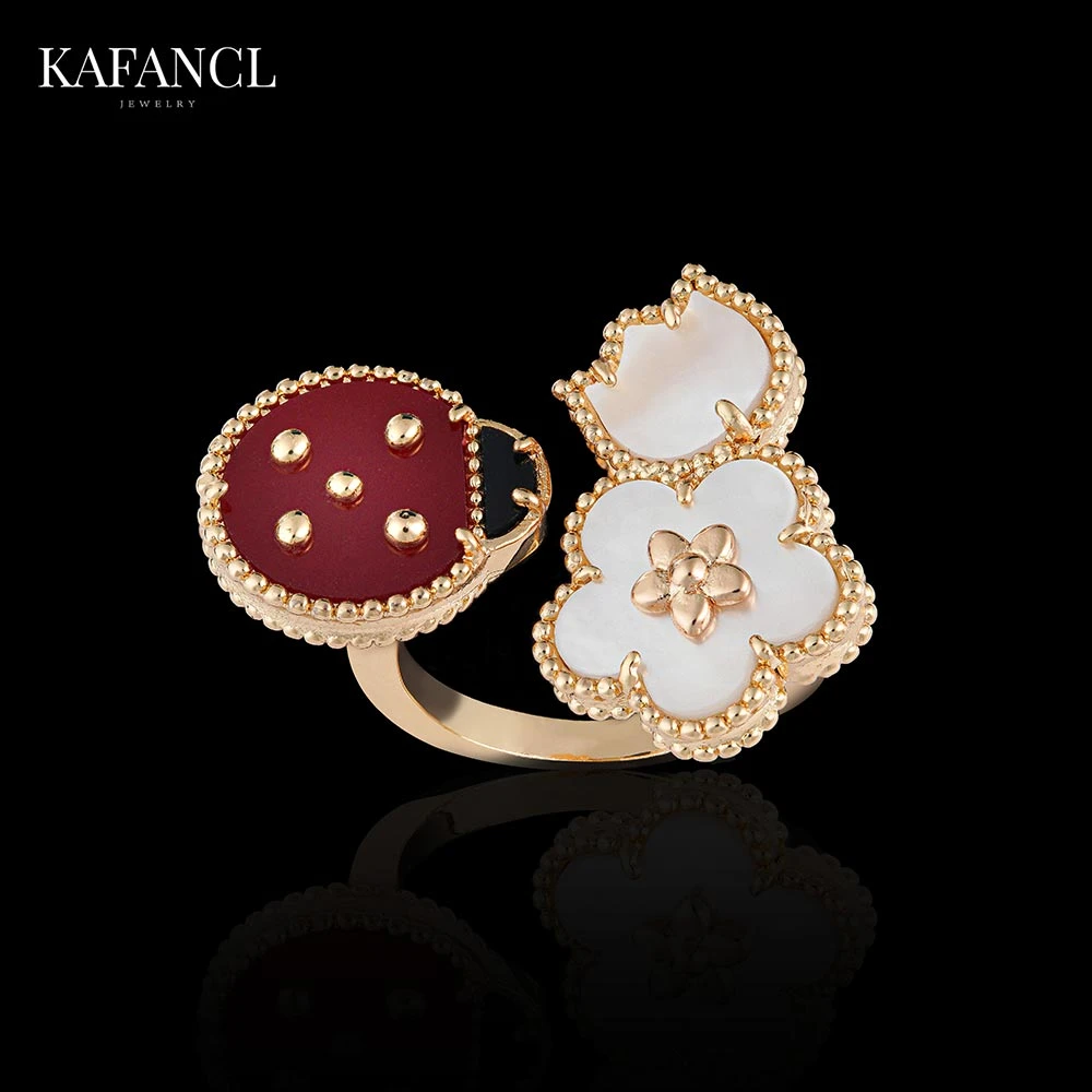 合金仿珍珠戒指 红楼 镀K金 瓢虫梅花开口戒指 ZF-D113/D289