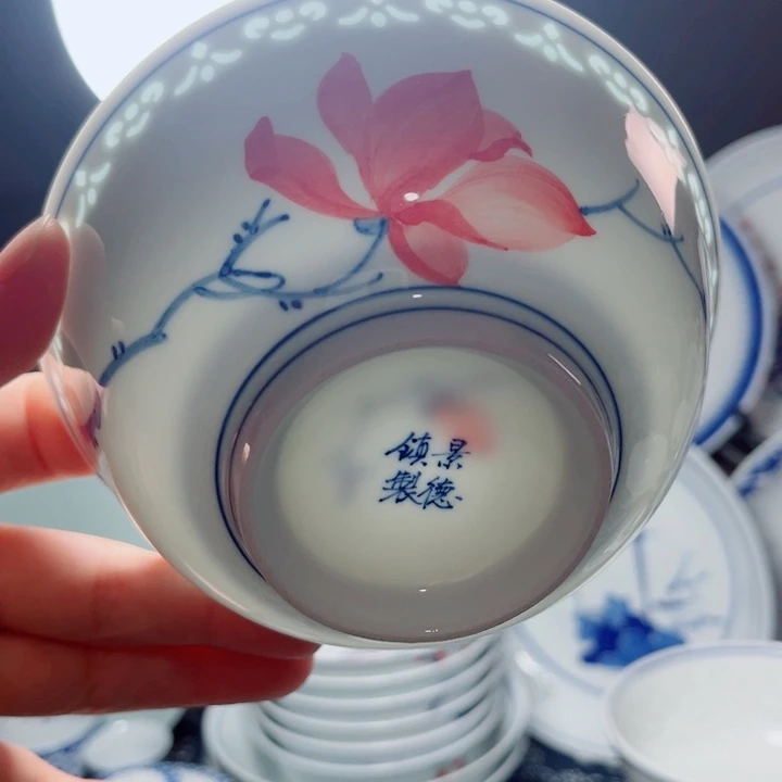 青花玲珑5寸饭碗手绘玉兰花无鸟