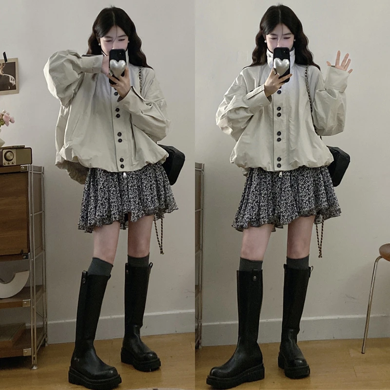 大码胖mm花苞型短外套女秋新款工装宽松上衣+半身裙两件套套装女