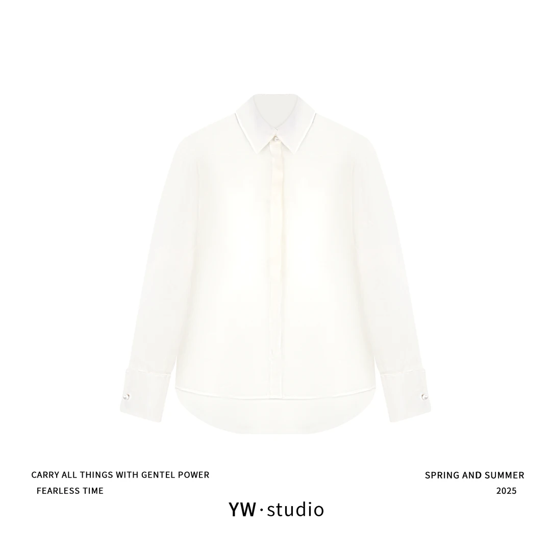 YUWEI/定制高智感清冷朦胧轻透珍珠扣真丝100%桑蚕丝衬衫CYPL3091