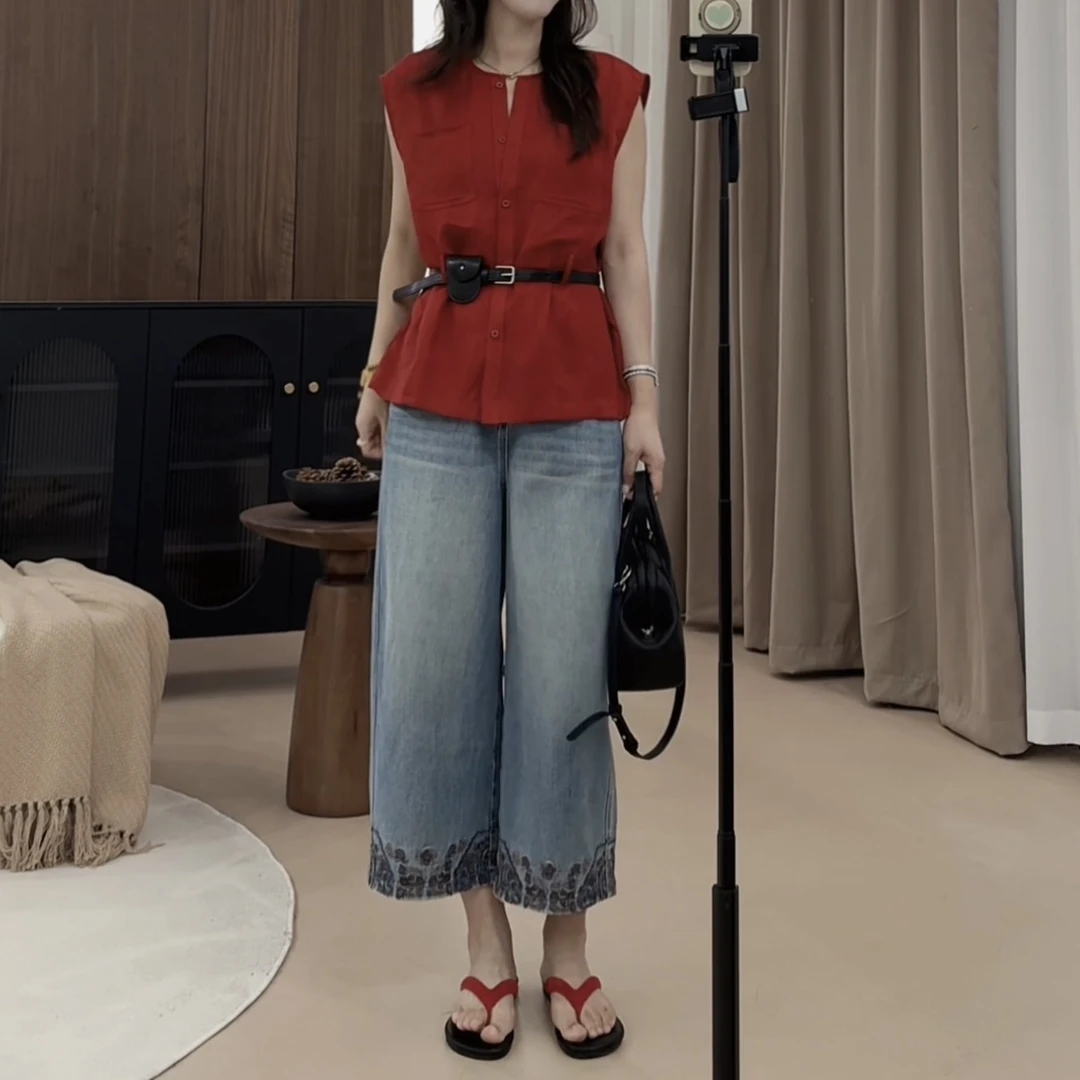 伟丽店4032款【韩系系腰带无袖亚麻衬衫】新款时尚设计感衬衫