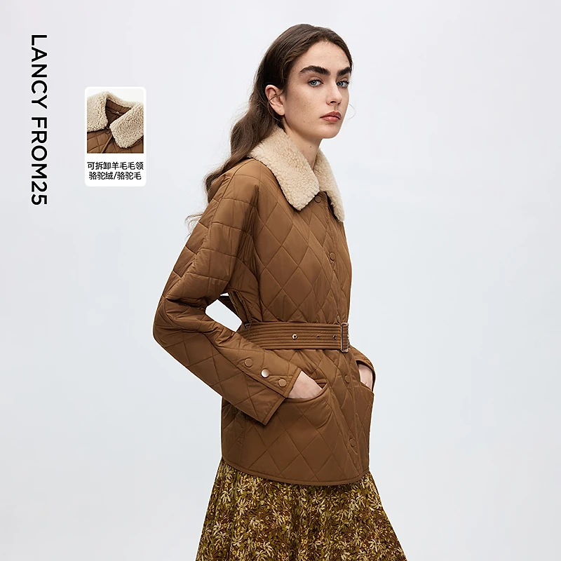 朗姿可拆卸毛领骆驼绒老钱风棉服复古时尚棉衣女2025年冬季新款