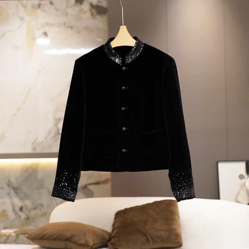 黑色真丝桑蚕丝丝绒女外套2024秋冬新款气质显瘦外搭女装