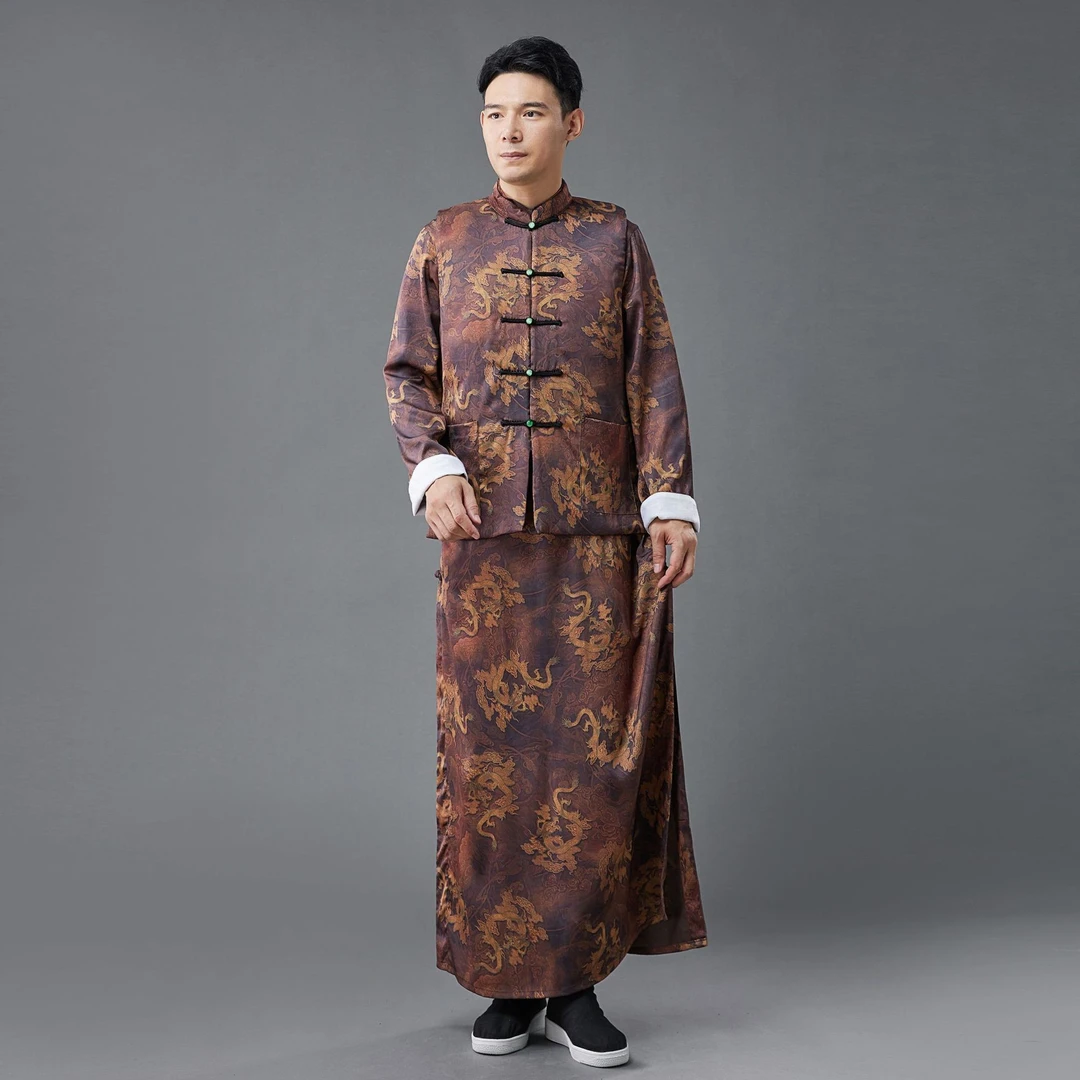 民族风老中式男装唐装丝缎印花先生长袍垂坠手工盘扣偏襟紫龙长衫