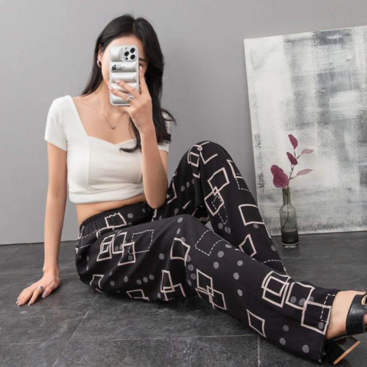 女士花裤子新款棉绸裤子夏季高腰人造棉遛弯广场舞蹈休闲长裤凉爽