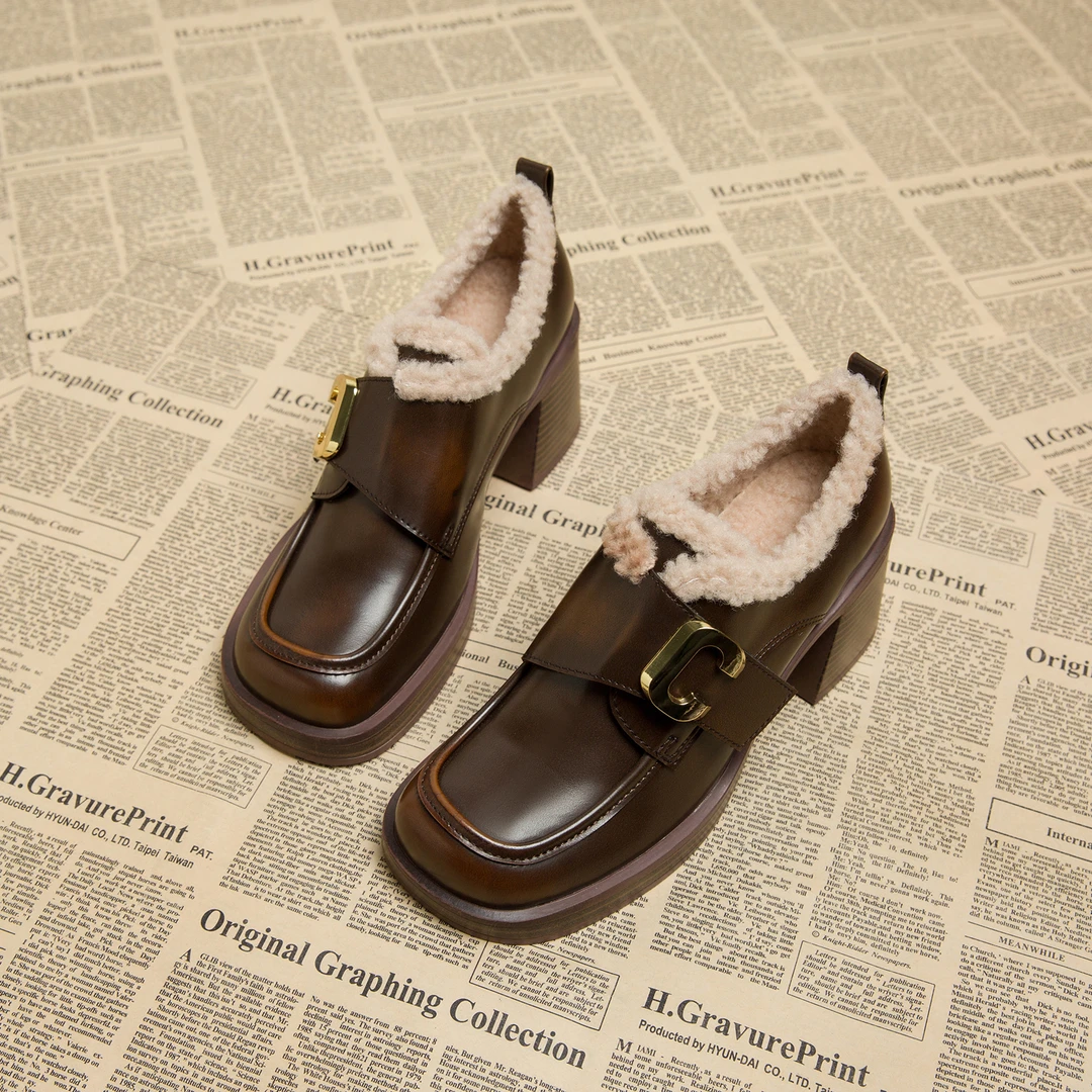 木木712-16复古舒适乐福鞋2025春秋新款加绒棉鞋厚底单小皮鞋