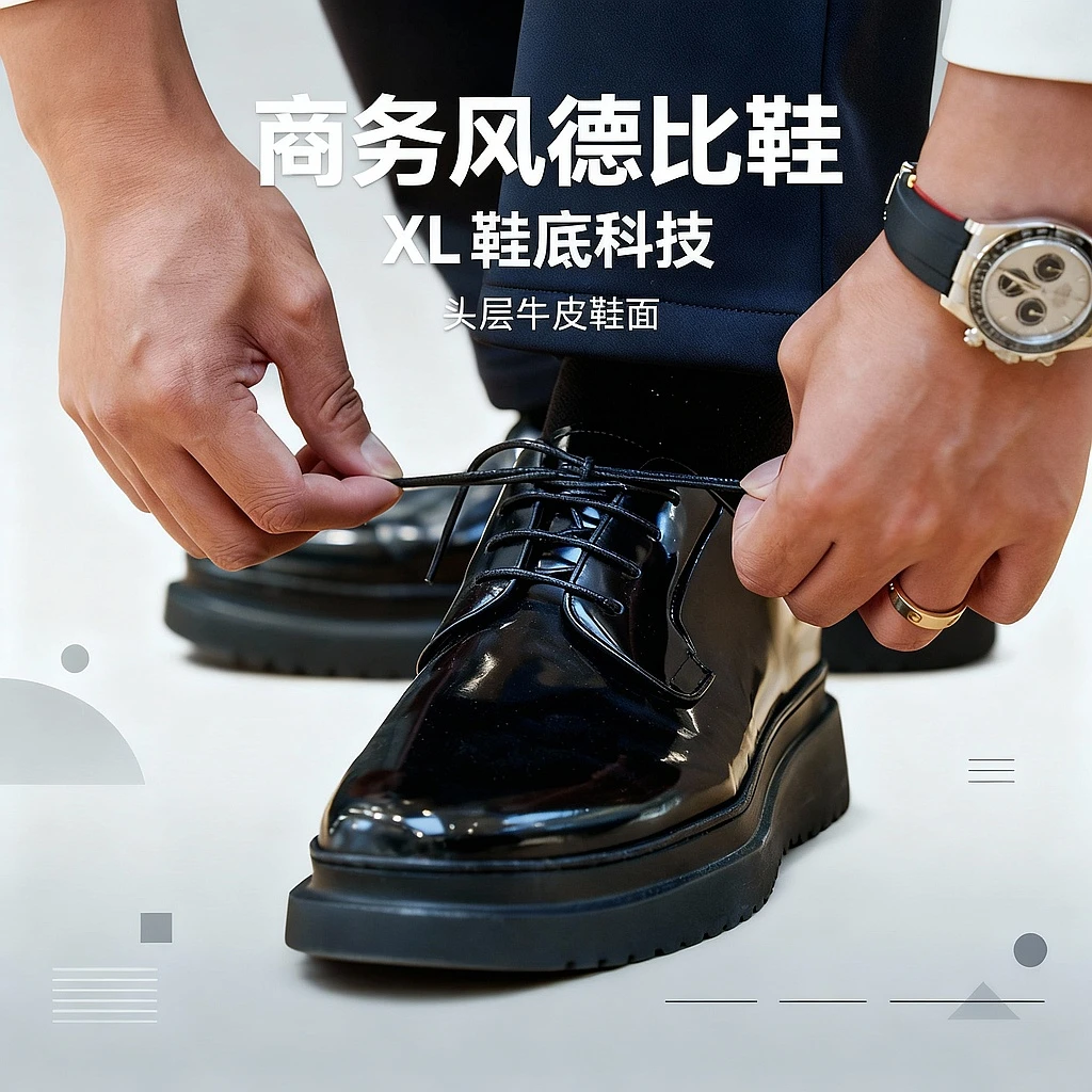 【253606085】绅士的品格 轻便舒适XL底开边珠牛皮德比鞋商务皮鞋