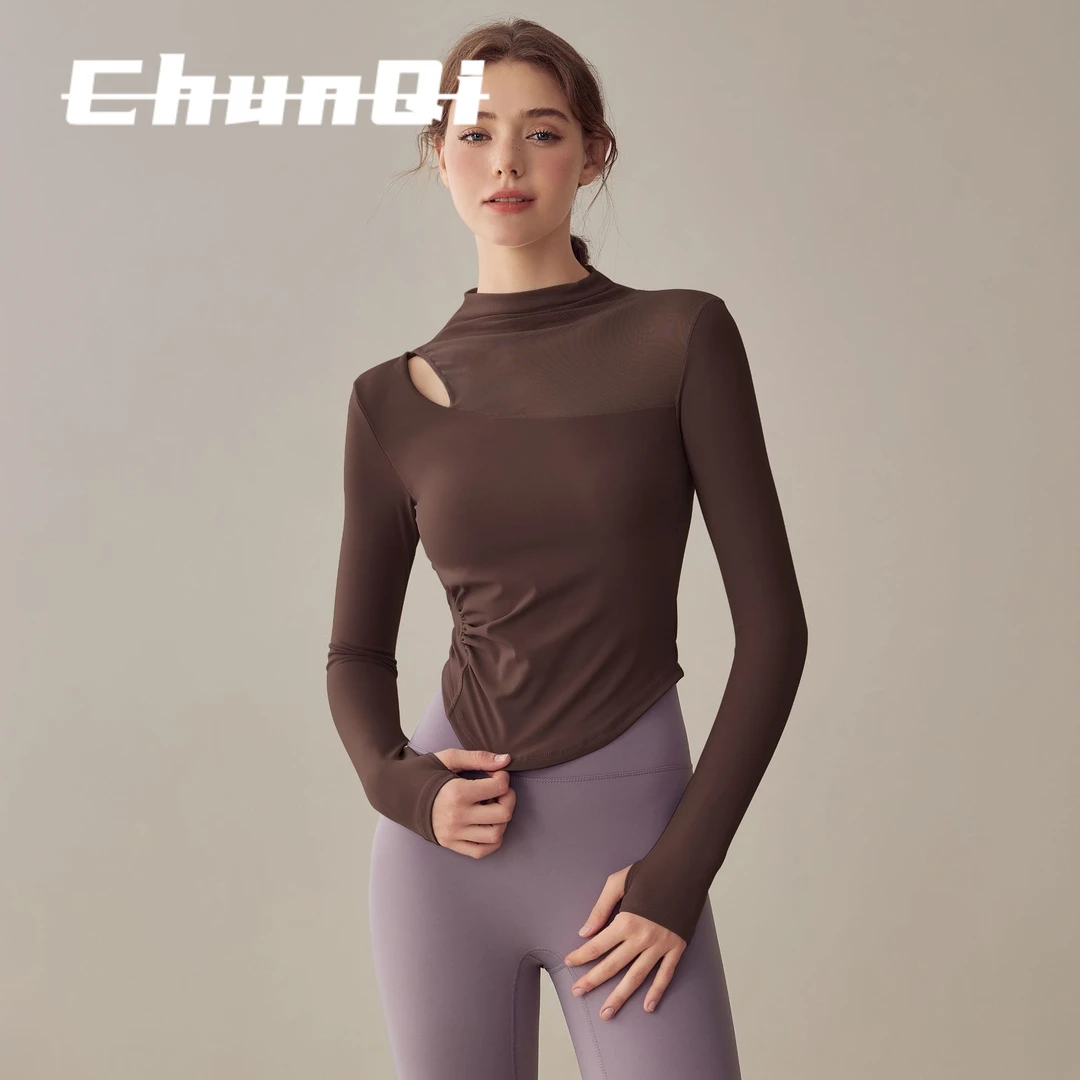 维多利亚性感镂空健身衣拼纱瑜伽长袖小高领外穿训练服固定胸垫女