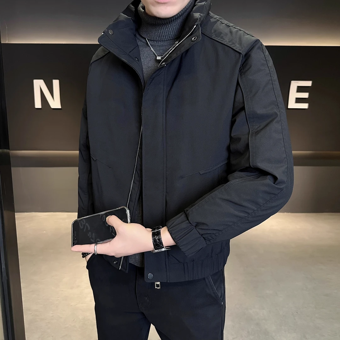 轻奢痞帅男装秋冬新款复古美式羽绒服男款纯色修身时尚休闲外套