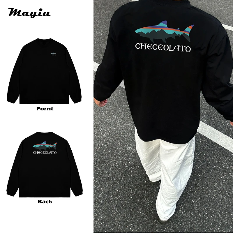 鲨鱼字母美式vintage潮牌秋季嘻哈复古印花圆领T恤男女长袖上衣