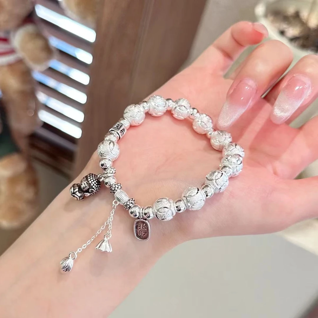 足银999六字真言招财纯银手链时尚串珠小众手串生日中秋送对象礼